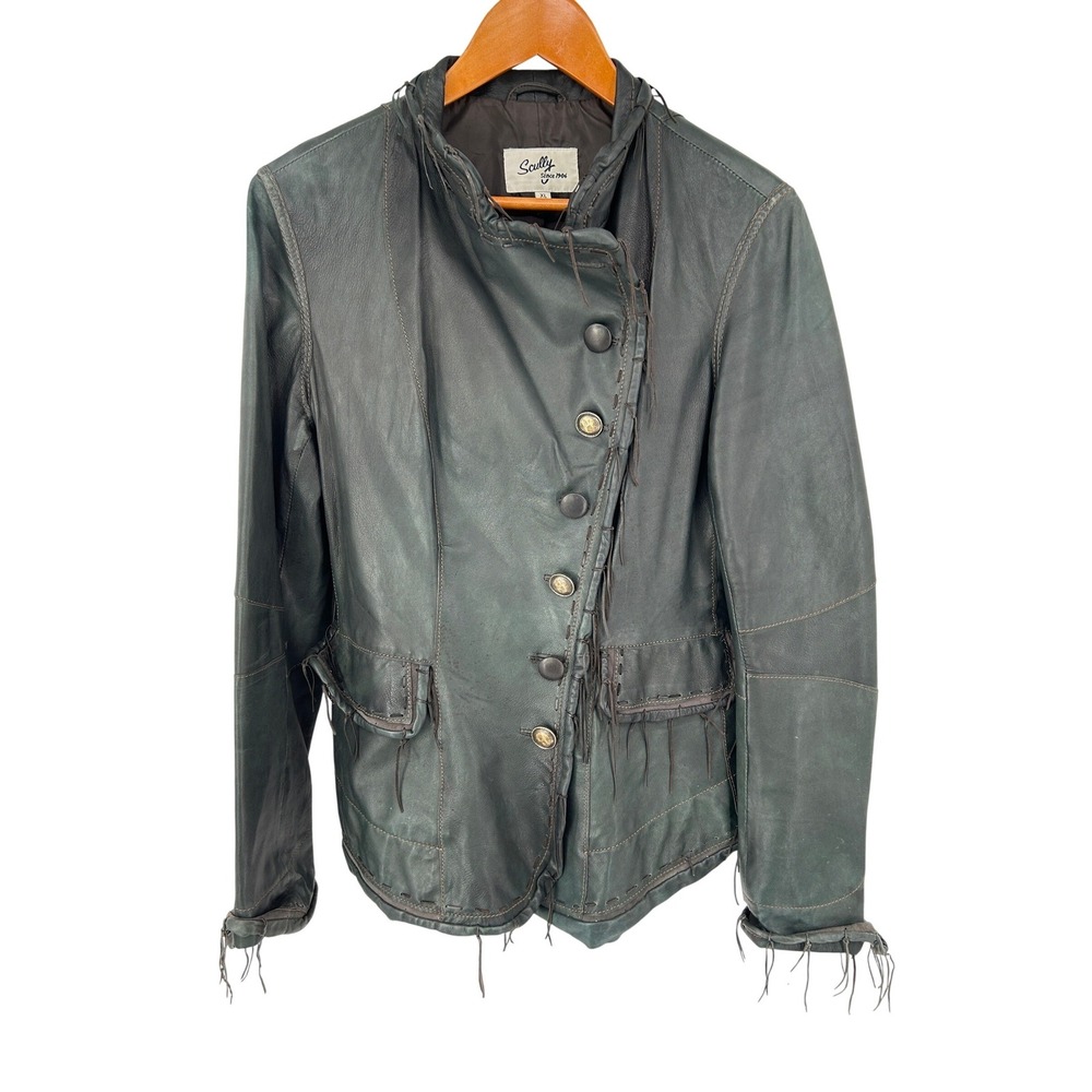 Scully Leather Jacket XL‎ Whipstitch Fringe Asymmetrical Button Western Boho